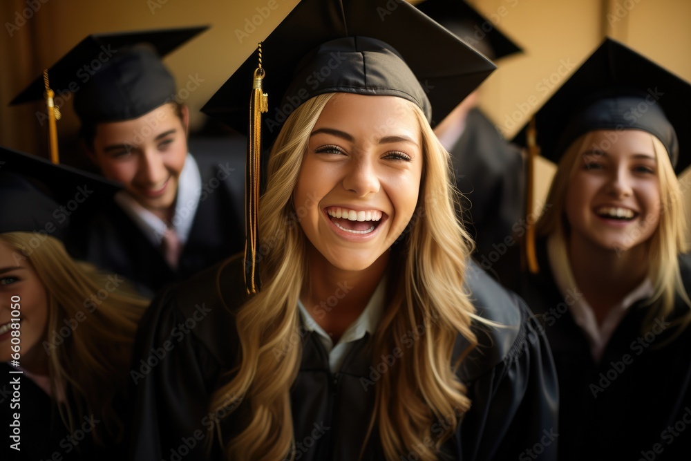 Portrait of cheerful young girl in black, yellow graduation gown and cap with other graduate at university. Portrait of cheerful young girl in black, yellow graduation gown and cap with other graduate at university.