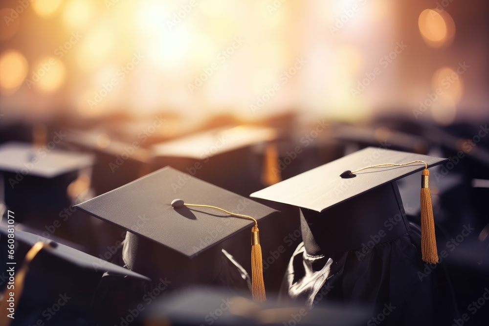 Close up graduation caps against blurred background of other graduate at university Close up graduation caps against blurred background of other graduate at university