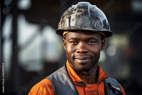 Male young African mine worker wearing protective at coal mine or mining. © Oulaphone