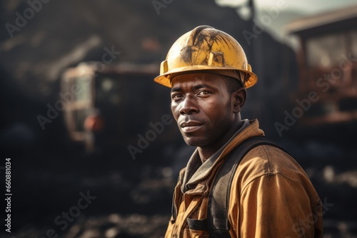 Male young African mine worker wearing protective at coal mine or mining.
