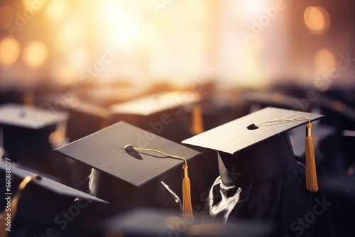 Close up graduation caps against blurred background of other graduate at university