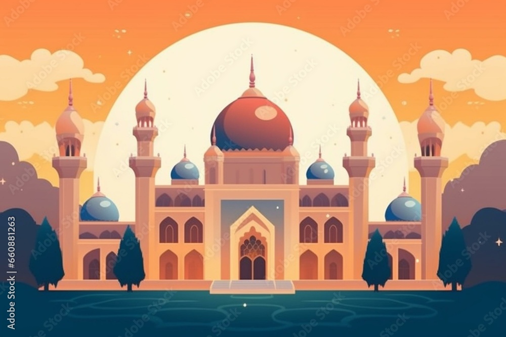 Colorful cartoon style illustration of an Islamic mosque for Ramadan and Eid celebrations. Flat design with a festive atmosphere. Generative AI