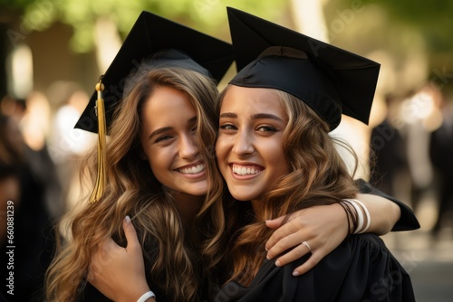 Young women embracing each other after graduation ceremony on university.