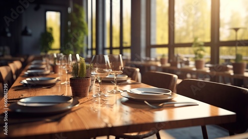 Interior of cozy restaurant. Contemporary design, in the upper room, light penetrates through glass walls, modern dining place and bar counter, copy space