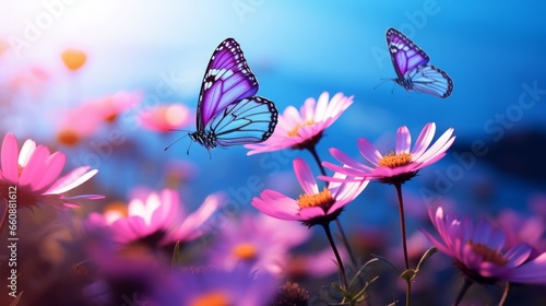 Blue butterflies flutter over magenta Cosmos flowers in spring summer in nature outdoors in sunlight.