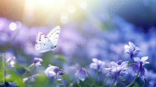 Purple butterfly on wild white violet flowers in grass in rays of sunlight, macro. Spring summer fresh artistic image of beauty morning nature.