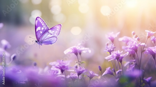 Purple butterfly on wild white violet flowers in grass in rays of sunlight, macro. Spring summer fresh artistic image of beauty morning nature.