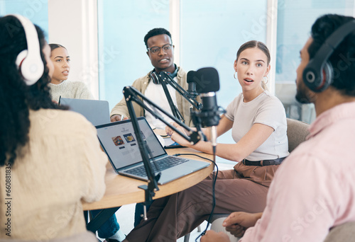 Conversation, podcast speaker and group of people, team or presenter communication, streaming and hosting talk show. Radio multimedia production, diversity and influencer listening on media network photo