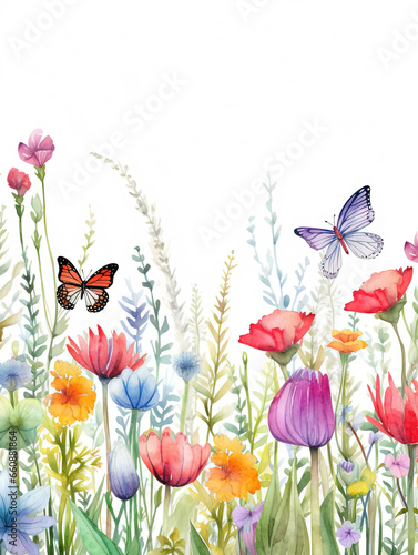 Bordure horizontale sans couture avec fleurs abstraites, feuilles et plantes vertes, papillons volants. Illustration panoramique de prairie d’été. IA générative, IA © Merilno