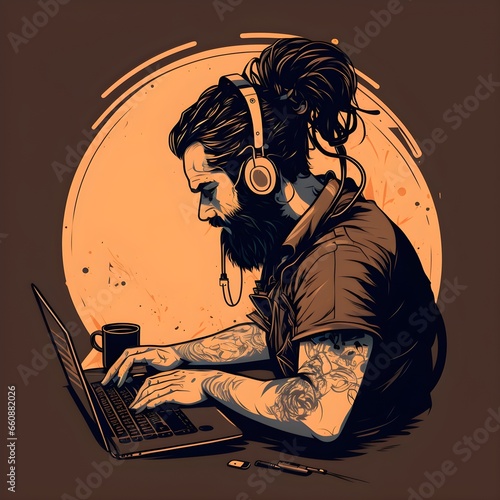 graphic designer working dark brown hair manbun beard laptop wearing headphones kirigami style 