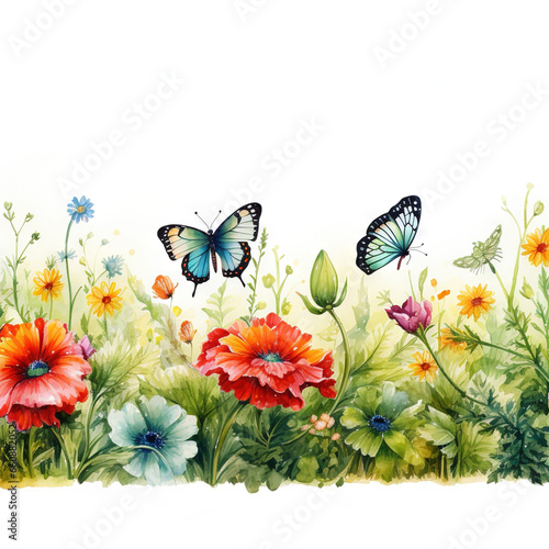 Bordure horizontale sans couture avec fleurs abstraites  feuilles et plantes vertes  papillons volants. Illustration panoramique de prairie d     t  . IA g  n  rative  IA