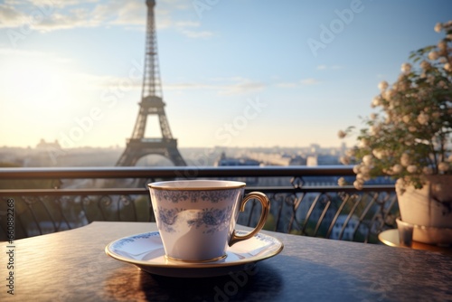 Morning in Paris. A cup of tea or coffee is on the table on the balcony overlooking the Eiffel Tower