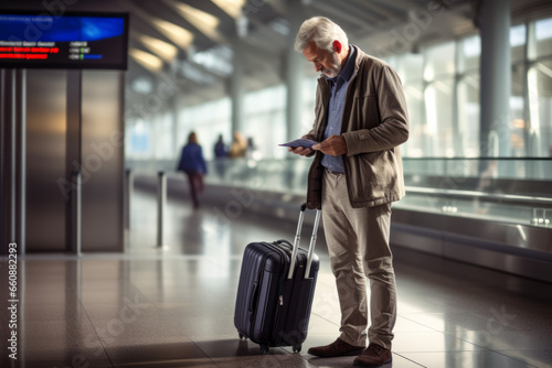 Older man standing in a airport lounge checking his smartphone for information on flights