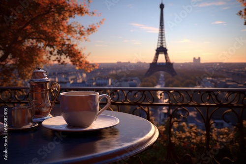 Night in Paris. A cup of tea or coffee is on the table on the balcony overlooking the Eiffel Tower