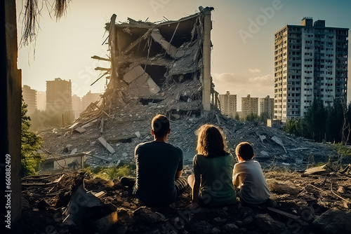 A family of three sits outside a destroyed apartment of a high-rise building.