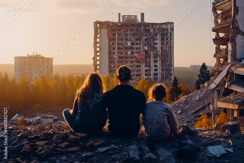 A family of three sits outside a destroyed apartment of a high-rise building.