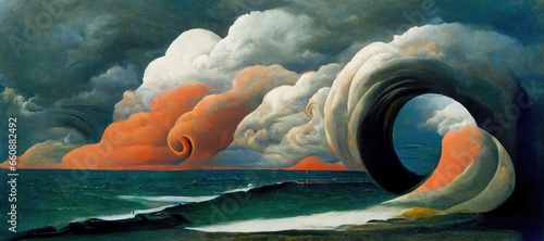 At the edge of the world before the last sunset a gigantic fiery portal rift to another ethereal world starts to open over the ocean in the clouds. 