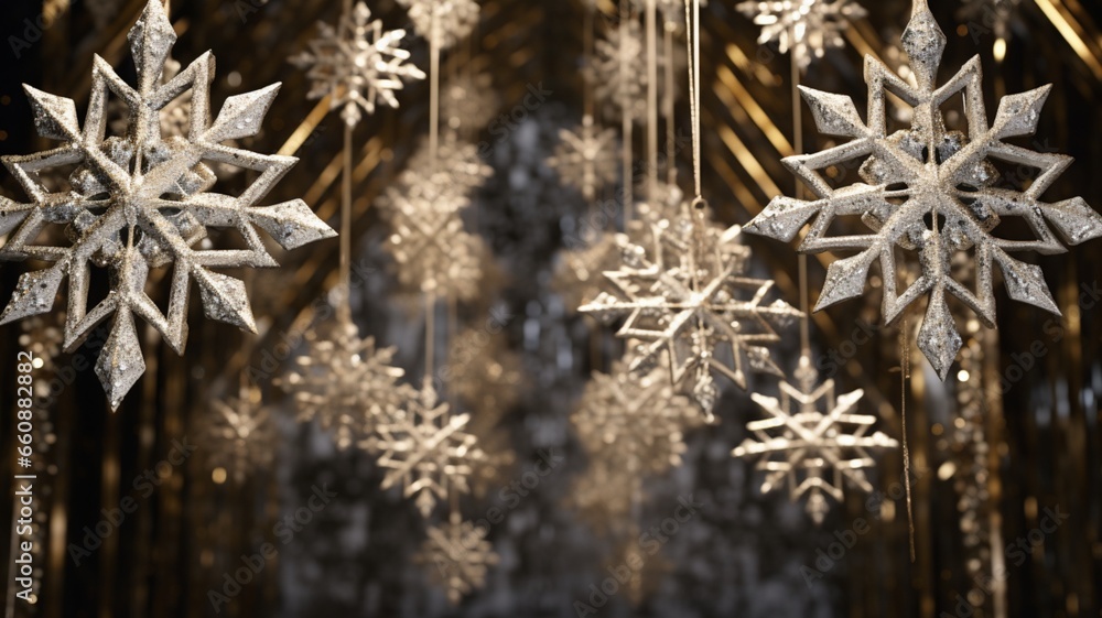 Shimmering golden and silver snowflakes hanging from a ceiling.