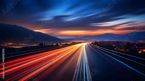.A long exposure photo of a highway at night lights and stars, speed background