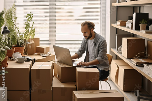 Online salesperson packing boxes for dispatch to customers, online seller working from home