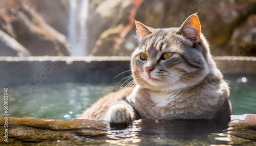 Cat enjoying vacation and relaxing in hot springs