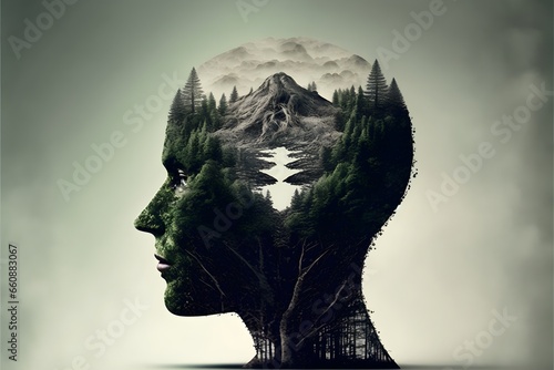 a head instead of a brain mountains and trees background forest 