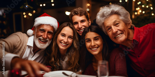 Christmas family dinner, parents, grandparents, children, friends, Santa, concept of love and brotherhood at Christmas
