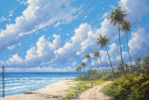 A beach painting with path, palm trees, ocean, blue sky, and white clouds. Generative AI