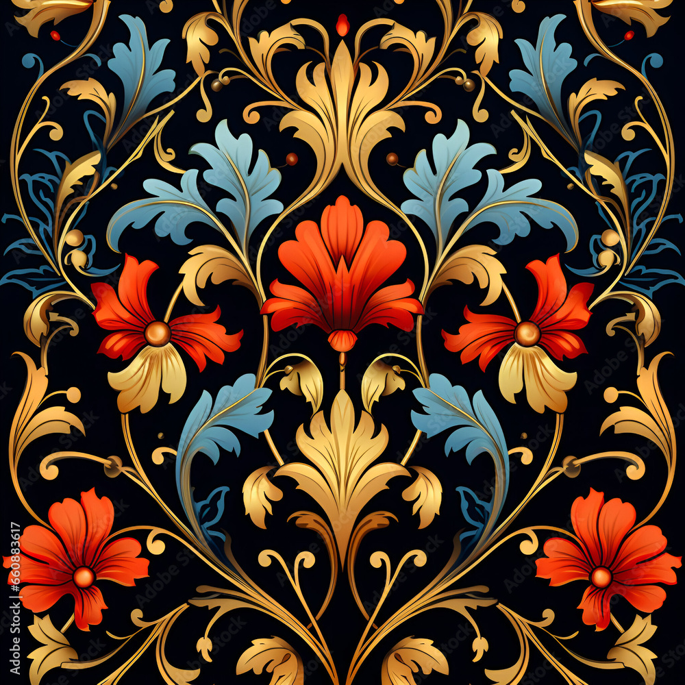 seamless floral pattern with blue and red flowers 