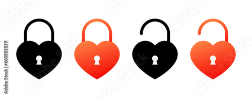 Open and closed heart icons. Different styles, red, open heart, closed heart. Vector icons