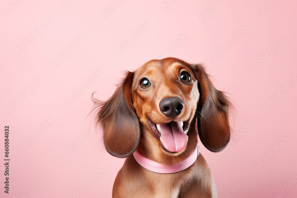 dachshund dog portrait on a pink background 