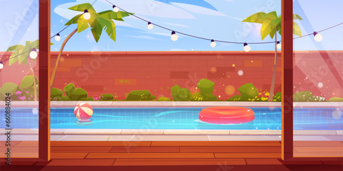 Backyard swimming pool behind open glass door. Vector cartoon illustration of patio with wooden floor, poolside tropical garden with palm trees and flowers, brick fence, garland lights, sunny day