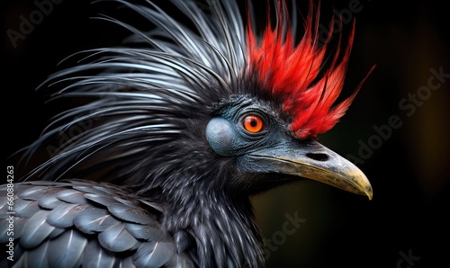 Photo of a vibrant bird with striking red and black feathers