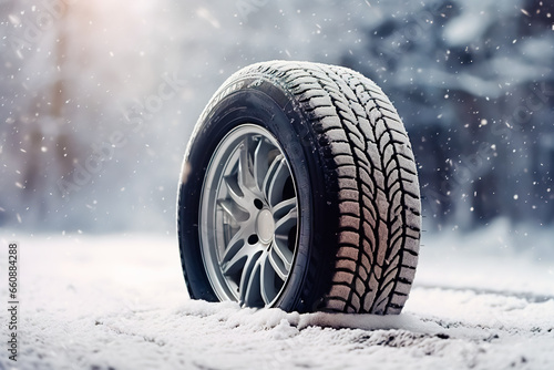 Close up of car tires in winter on the road covered with snow. Winter tire. © leo_nik