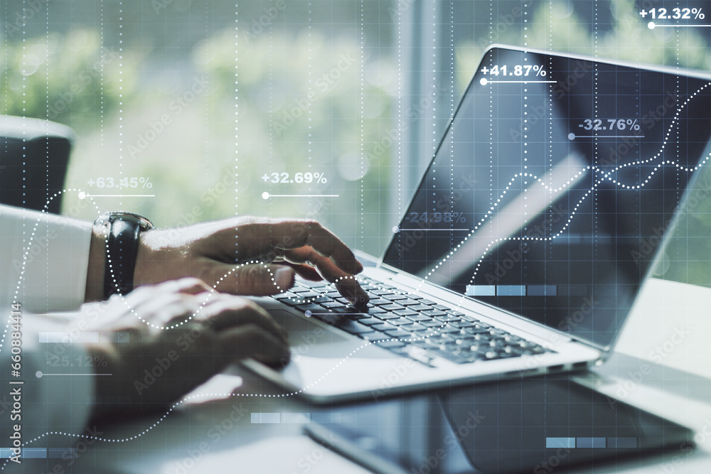 Abstract creative stats data concept with hands typing on laptop on background. Multiexposure Abstract creative stats data concept with hands typing on laptop on background. Multiexposure