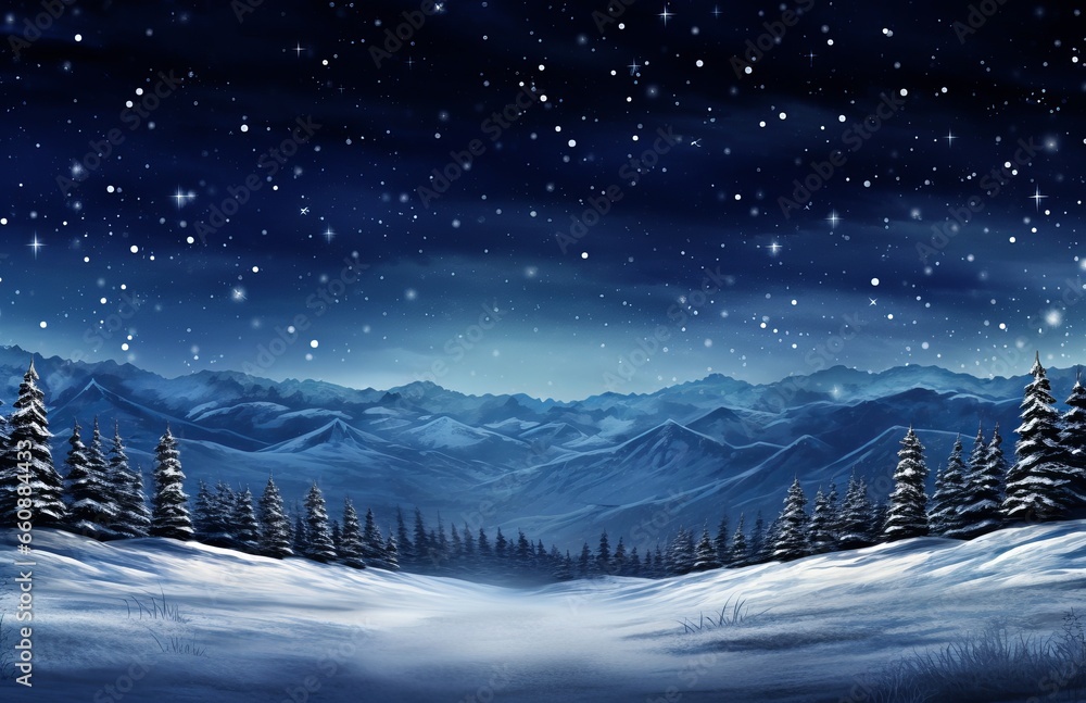 Snowy hills and fir trees under the winter sky