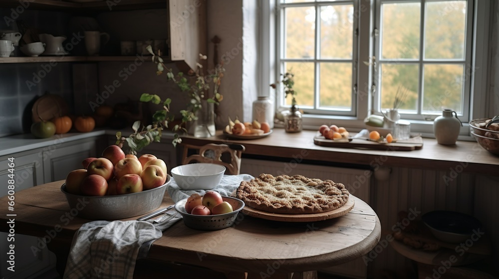 Cozy cottage kitchen table setup with apple pie and autumn decor 