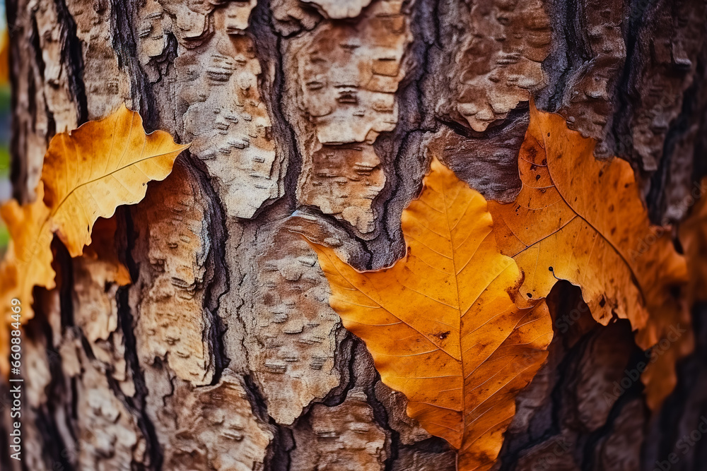 Close-up of tree trunk with leaves in warm colors.