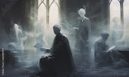 A man sitting in front of a ghostly figure in a haunting painting