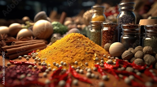 Spices. Spices colorful background. Spice and herbs backdrop. Assortment of Seasonings, condiments. Cooking ingredients, flavors