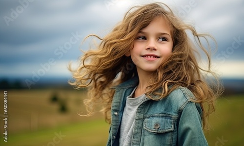 A young girl standing in a field with her hair blowing in the wind © uhdenis