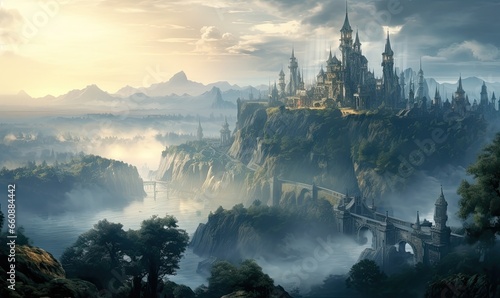 A majestic castle enveloped in mysterious fog atop a rugged mountain