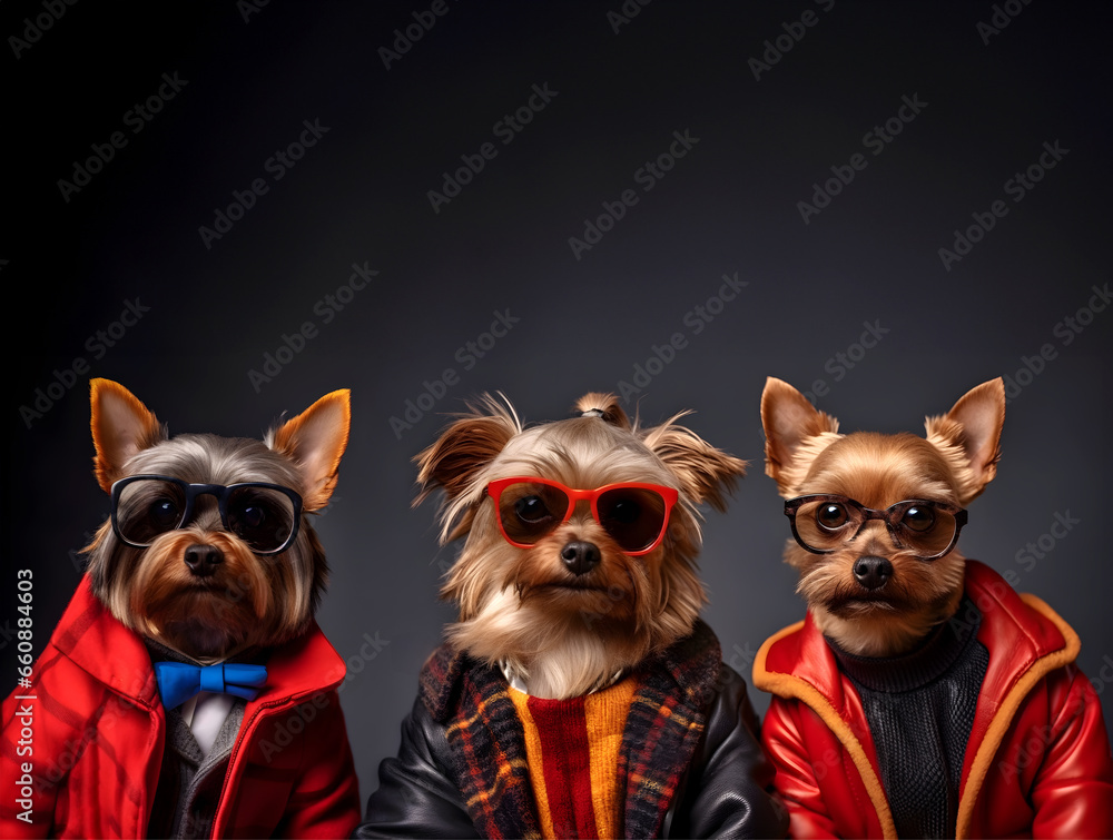 Fototapeta premium Creative animal concept. Yorkshire Terrier dog puppy in a group, vibrant bright fashionable outfits isolated on solid background advertisement, copy space. birthday party invite invitation banner