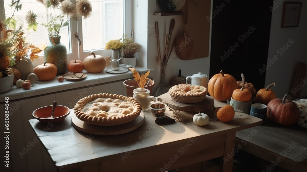 Cozy and fall still life about an apple pie in a boho decor