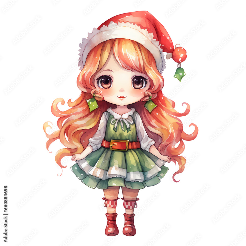 Watercolor Santa Elves Girl Christmas Clipart Illustration Watercolor Santa Elves Girl Christmas Clipart Illustration