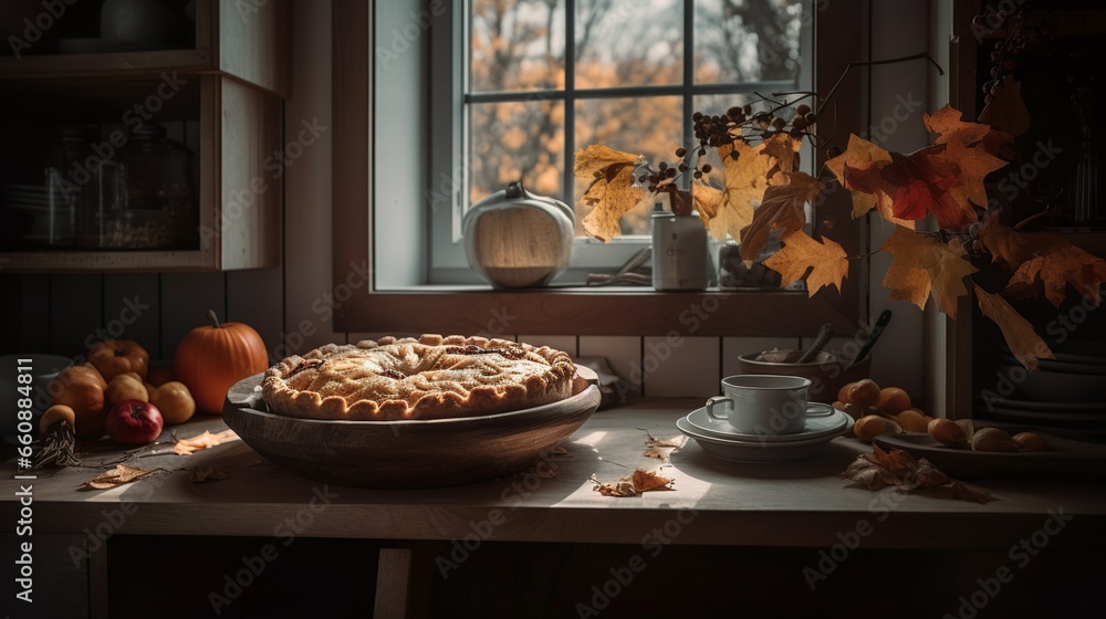 Fall vibe apple pie in a cottage kitchen desk with autumnal decor 