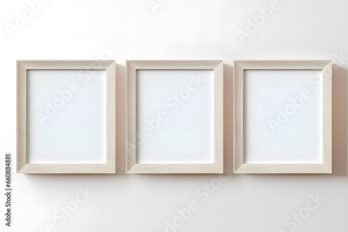 Three blank vertical decorative art transparent frames mock-up close-up  plain wooden uncoated frames