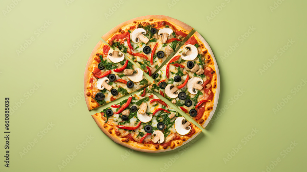 Sliced pizza on a pastel background Sliced pizza on a pastel background
