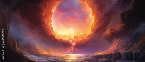 At the edge of the world before the last sunset a gigantic fiery portal rift to another ethereal world starts to open over the ocean in the clouds. 