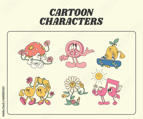 groovy cartoon, set of retro cartoon characters, vector illustration